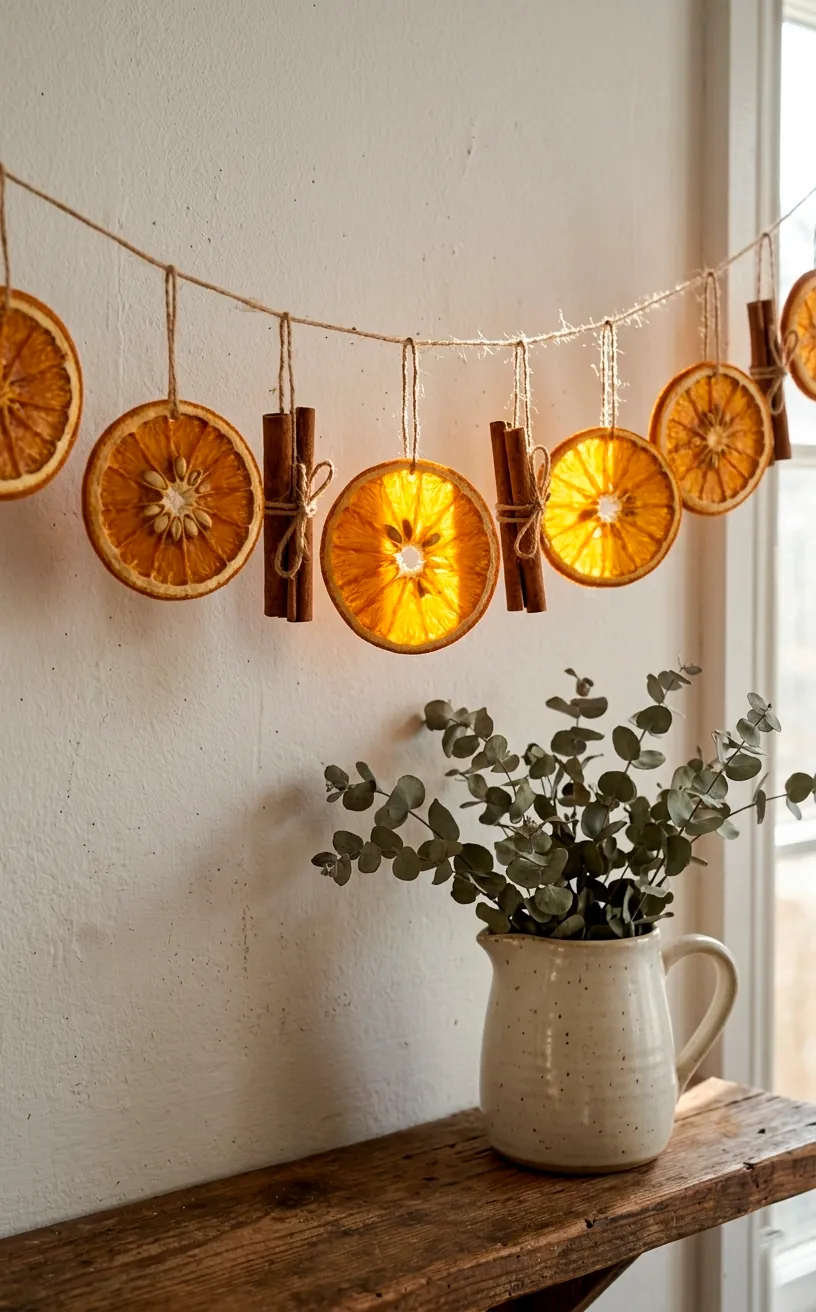 Dried orange slices and cinnamon sticks hanging on twine against a white wall.