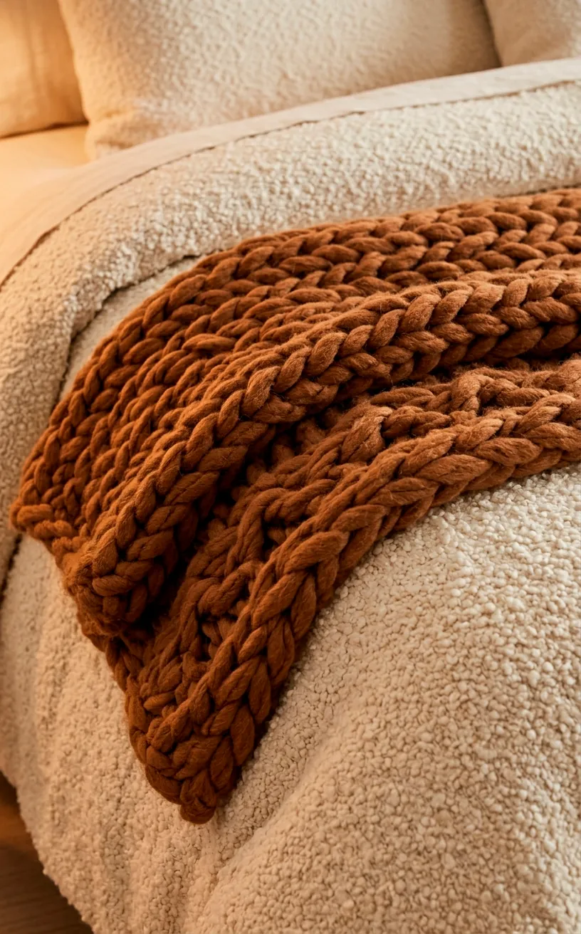 Layered chunky gingerbread knit blanket over a textured cream bouclé duvet cover.