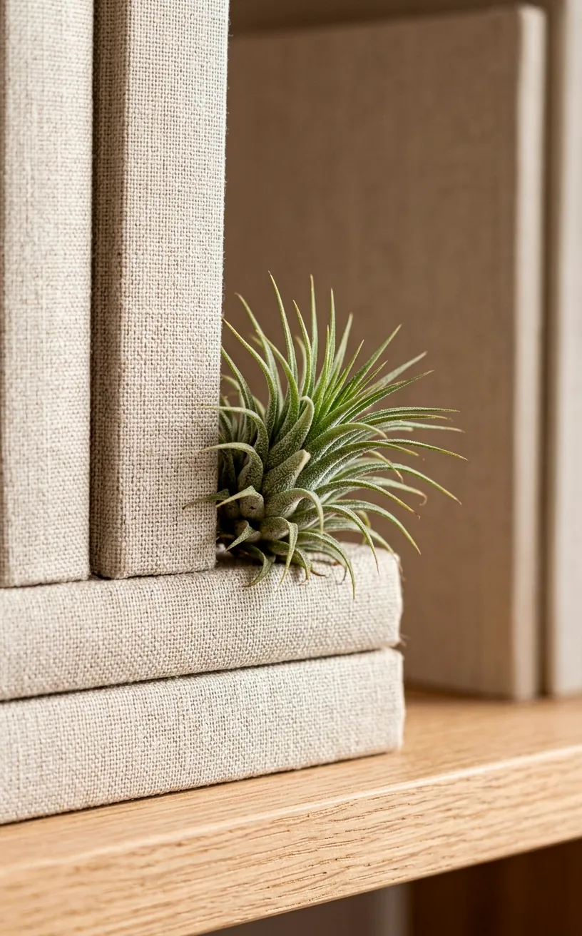 Small air plant sitting on a stack of books on a library shelf.