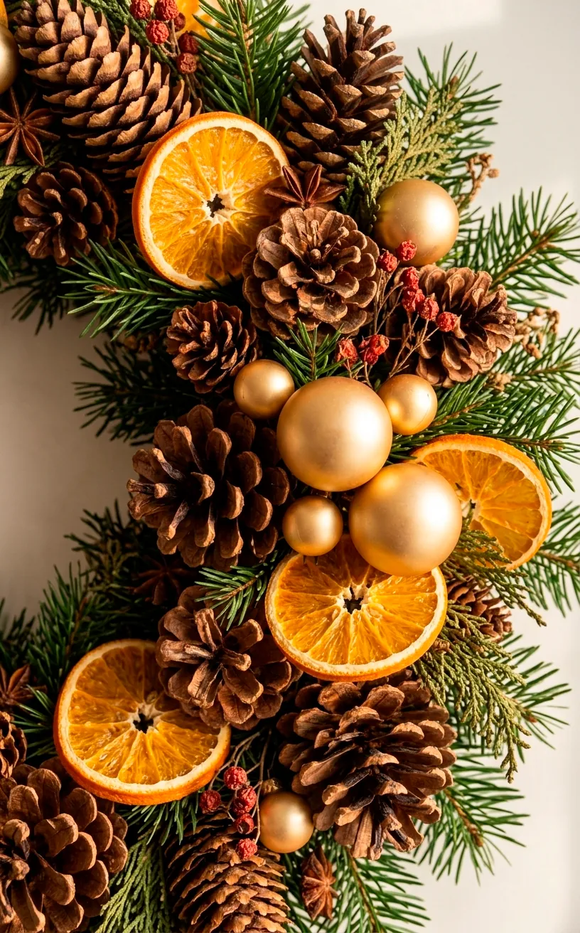 Wreath decorations featuring pinecones, dried oranges, and gold ornaments.