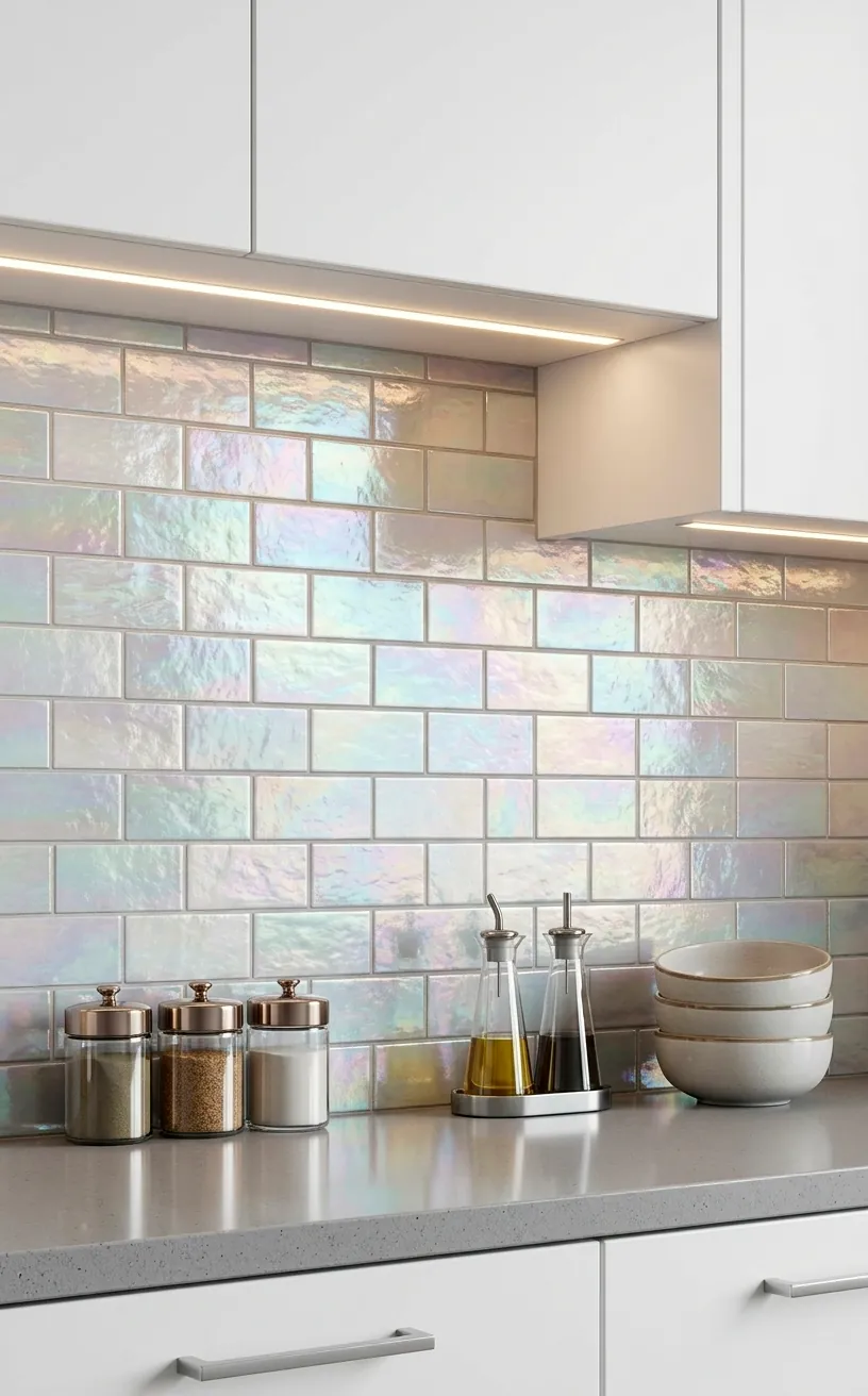 Kitchen backsplash featuring shimmering iridescent subway tiles and white cabinetry.