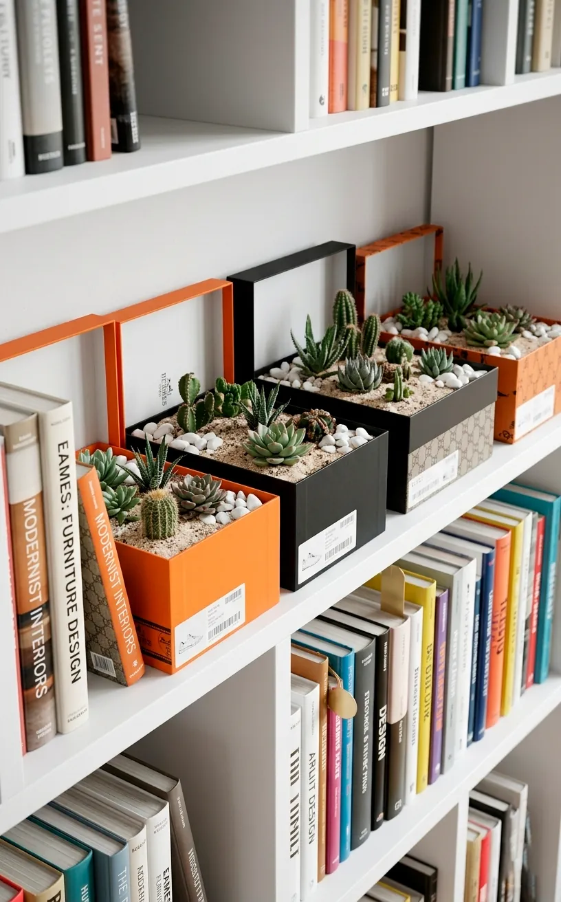 Designer shoe boxes repurposed as chic succulent propagation trays on a white bookshelf.