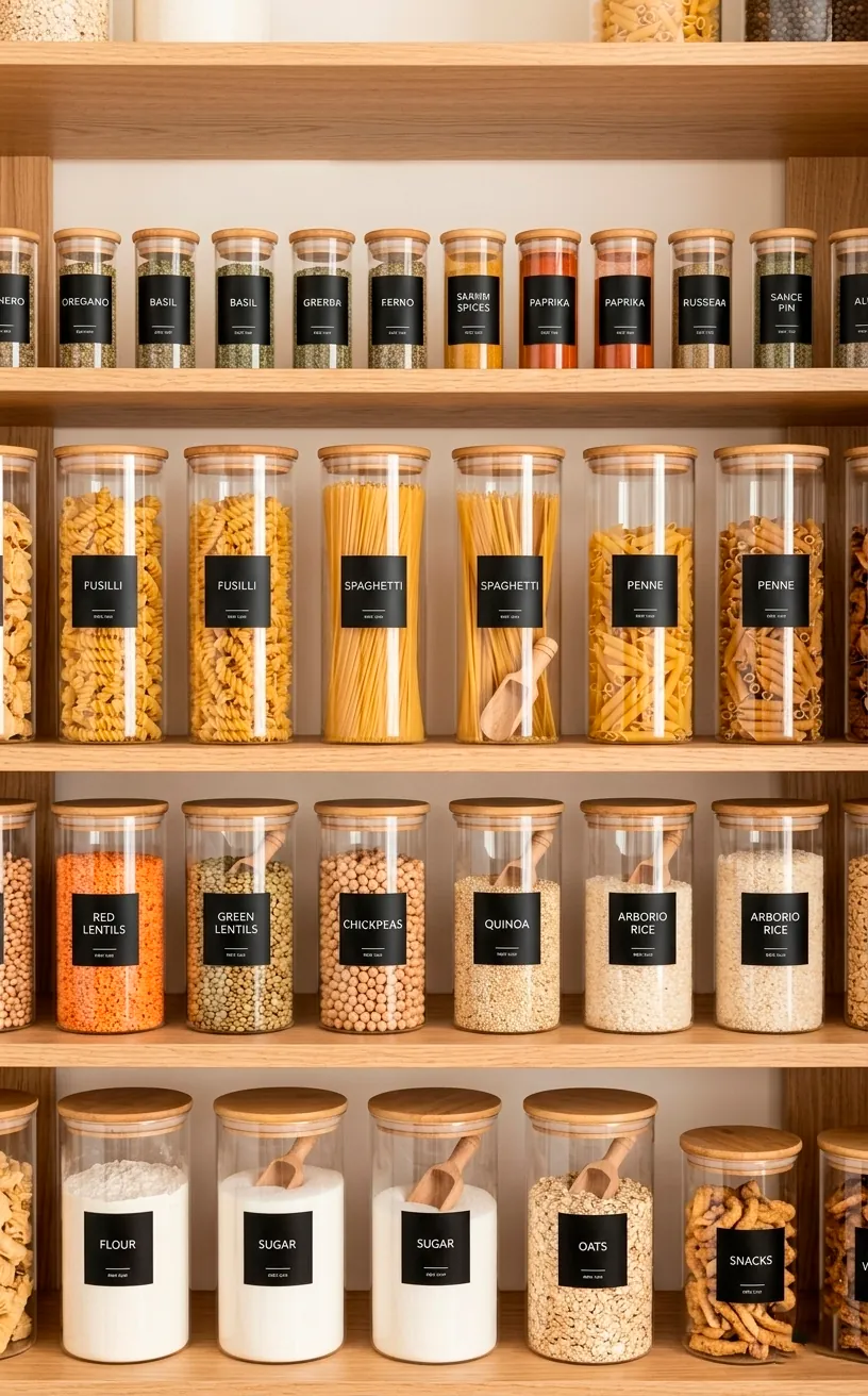 Airtight glass canisters with minimalist black labels filled with grains and pasta on pantry shelves.