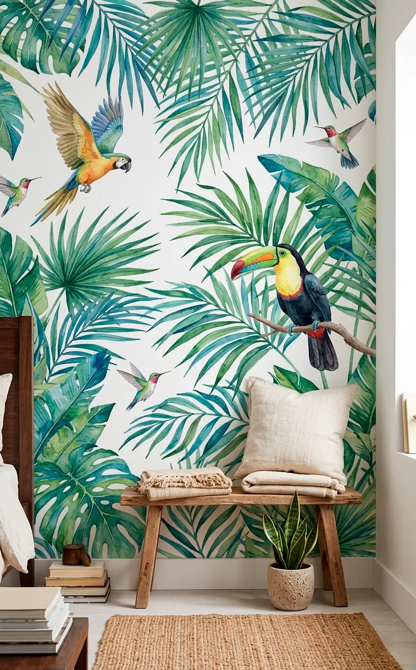 Tropical palm leaf mural wallpaper in a kids reading corner with watercolor birds.
