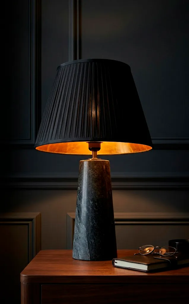 Black silk shade table lamp throwing dramatic warm light onto a walnut table in a dark room.