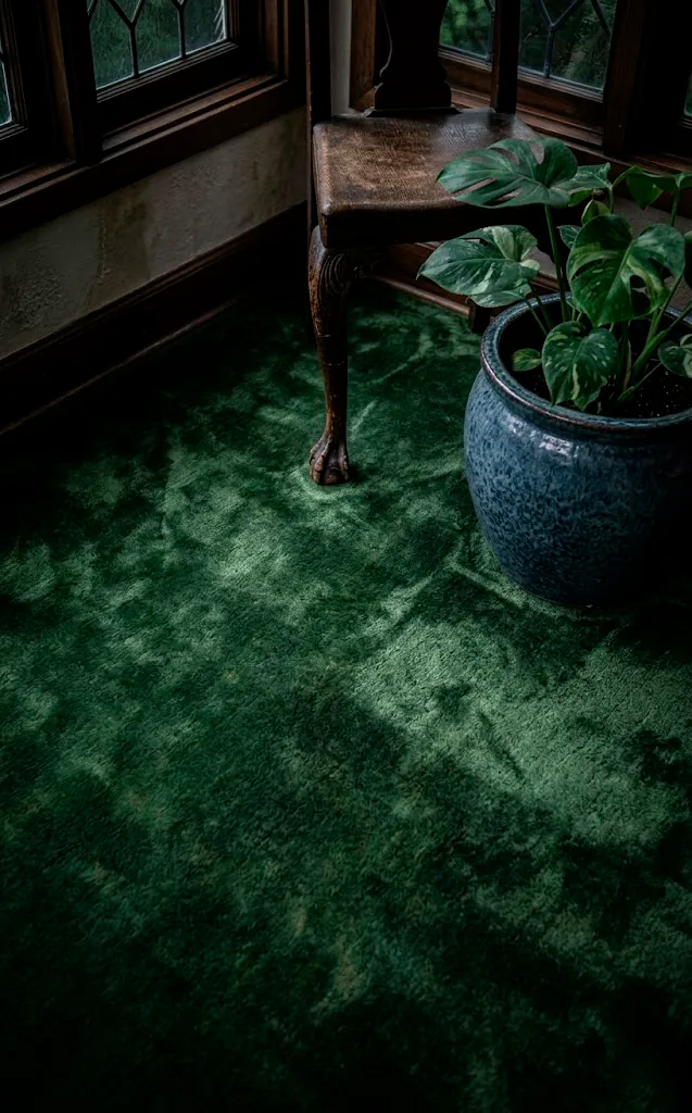 Thick forest green area rug in a sunroom providing a moody and cozy foundation.