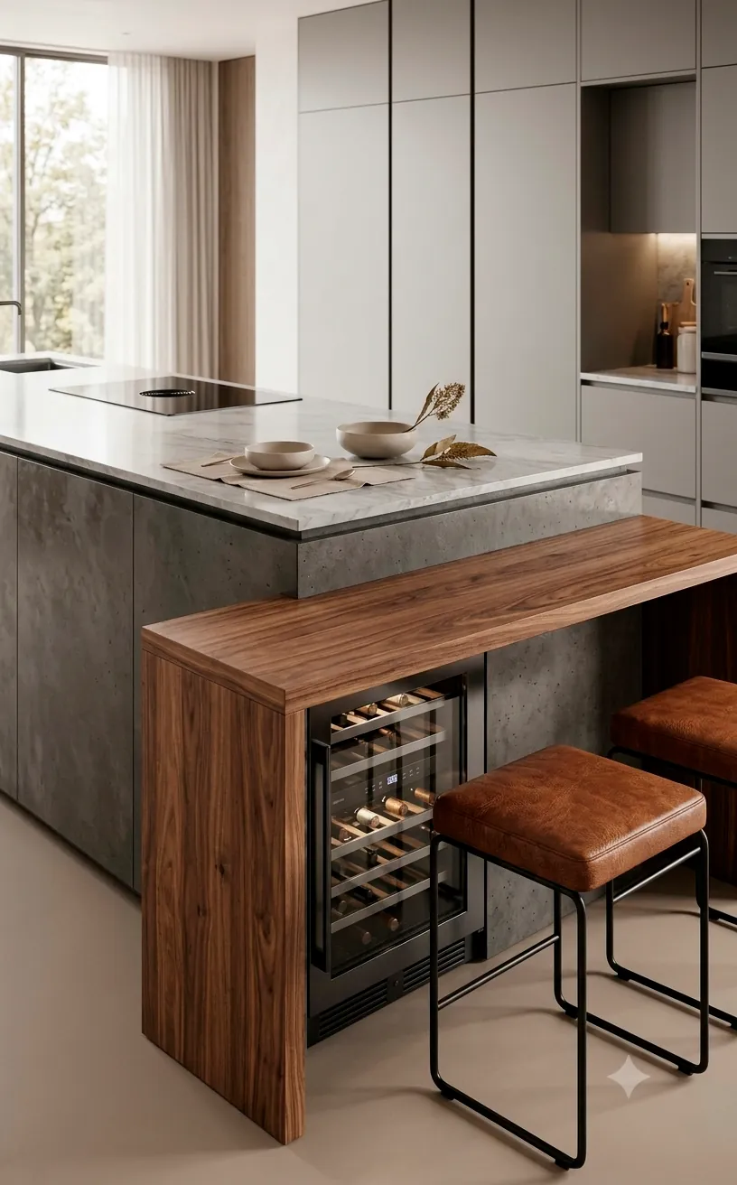 Kitchen island with lowered walnut wood extension used as a bar area