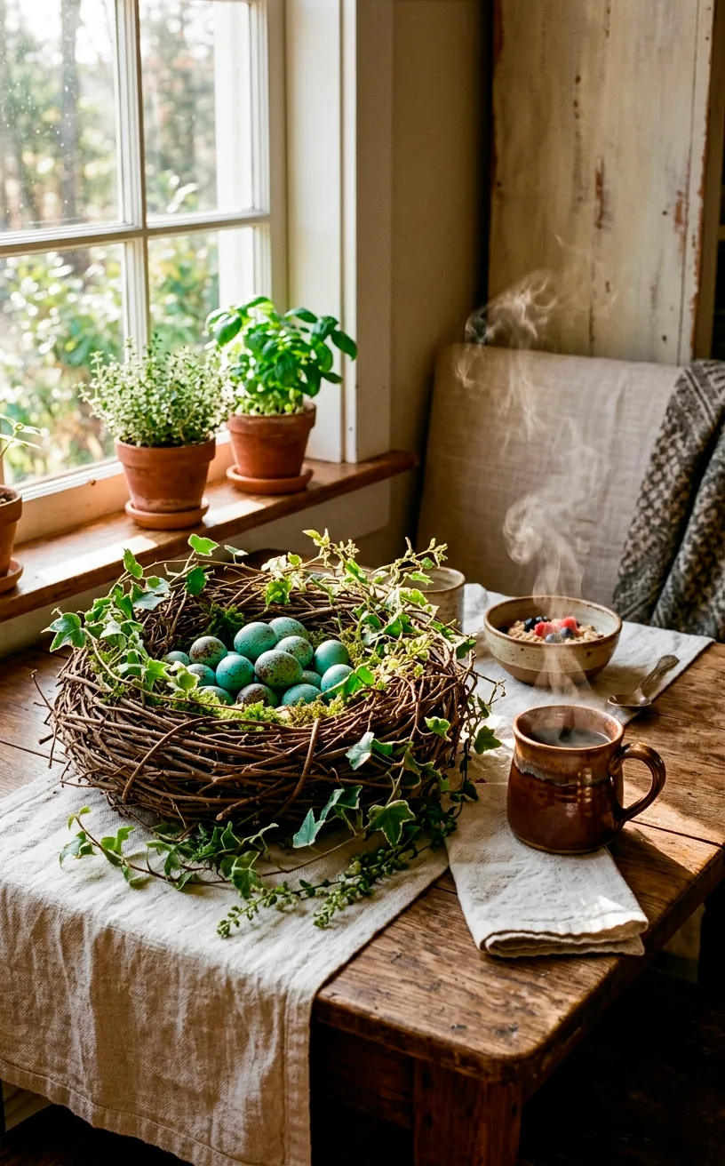 Classic woven twig nest centerpiece with blue robin eggs on a rustic table.