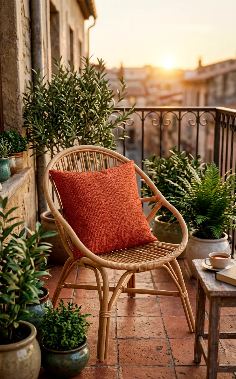 Vibrant terracotta solution-dyed acrylic outdoor pillow resting on a rattan chair on a balcony.