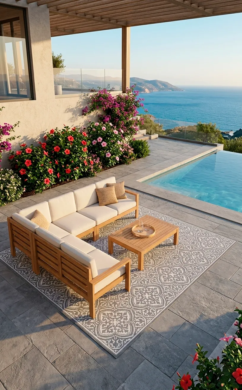Full view of a modern patio featuring a large geometric weather-resistant outdoor area rug.