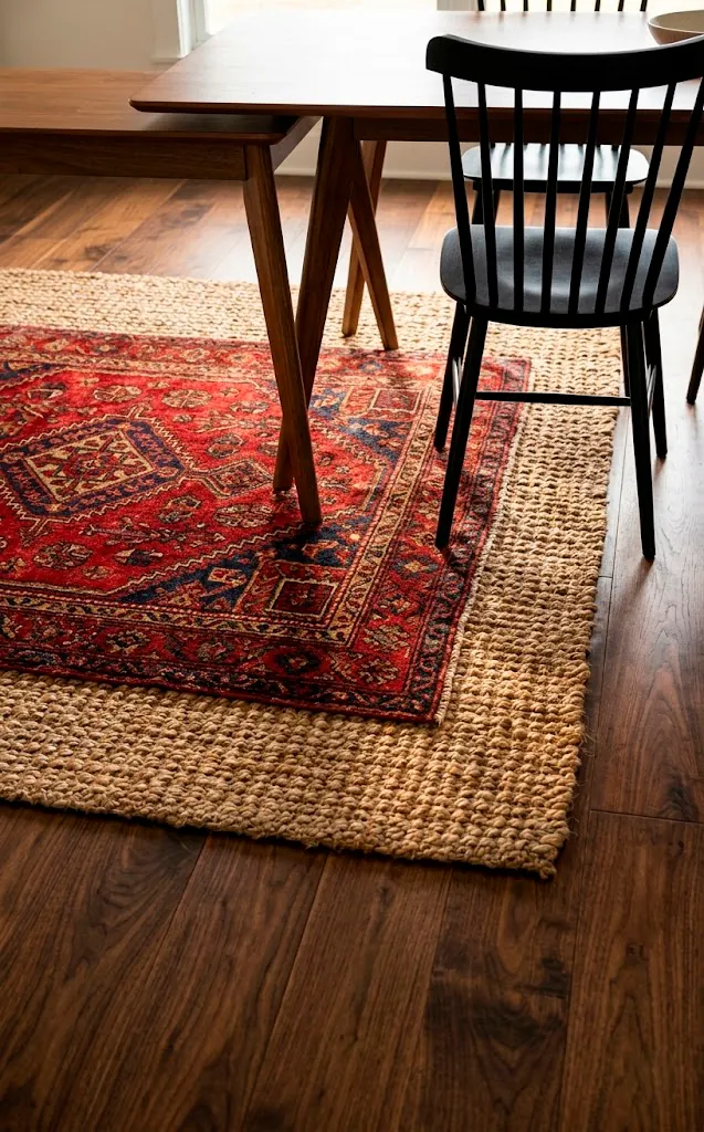 Close up of layered vintage Turkish rug over a chunky natural jute rug in a dining room.