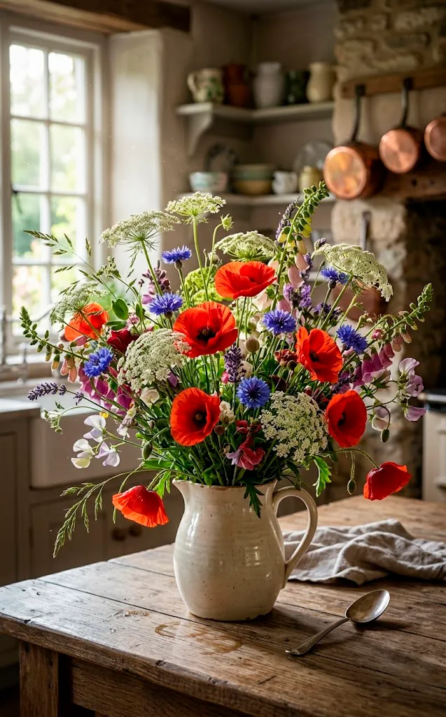 Vertical shot of a wildflower arrangement with poppies and cornflowers in a cream ceramic pitcher.