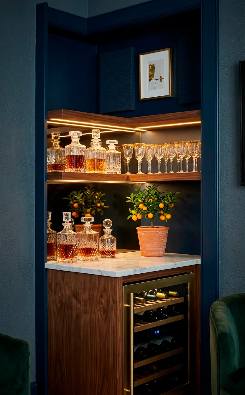 Moody navy alcove mini bar with walnut shelves and glowing LED backlight for crystal decanters.