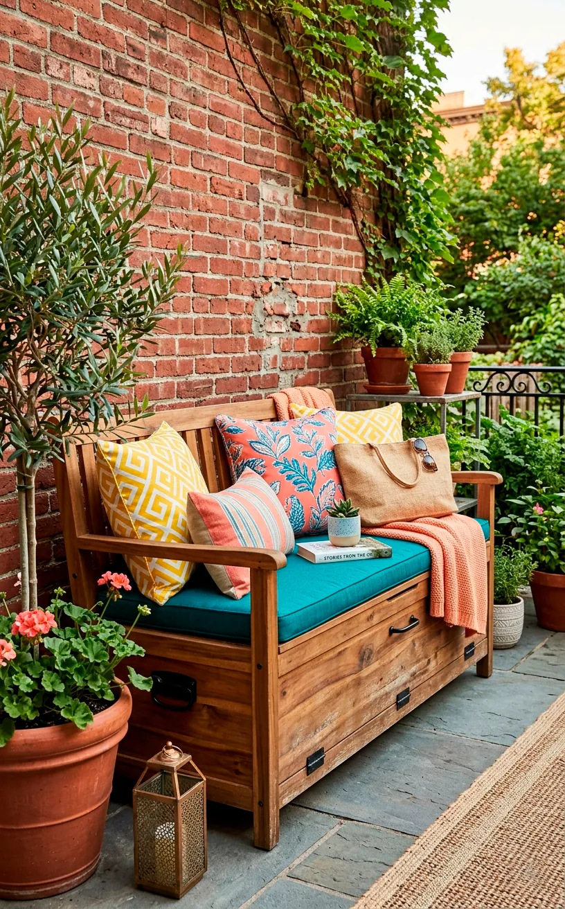 A wooden outdoor storage bench decorated with bright cushions against a brick wall on a small patio.