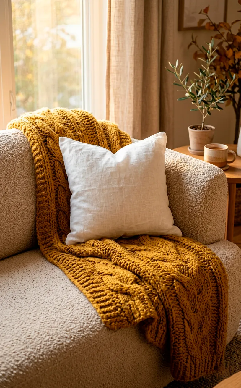 Chunky mustard yellow knit throw draped over a beige sofa