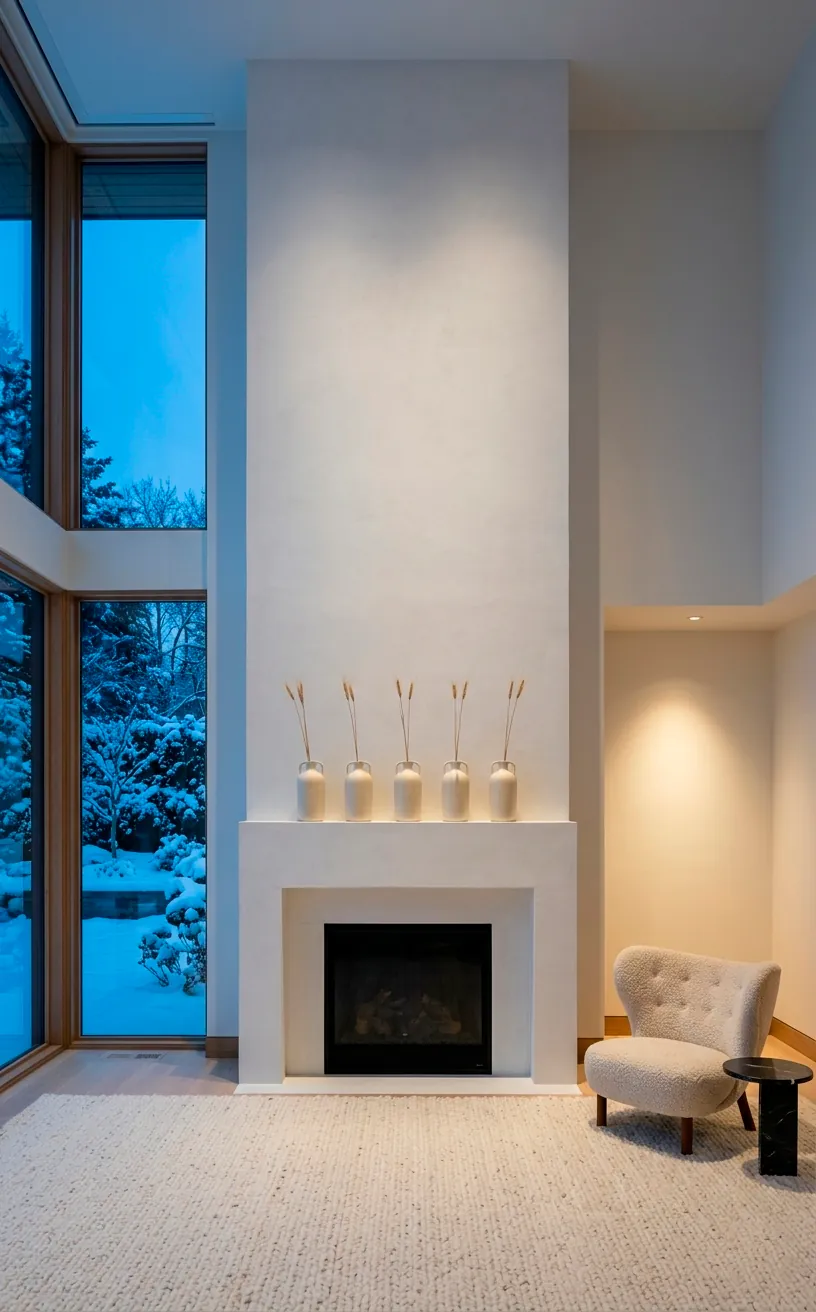 Minimalist white fireplace mantel with cream ceramic vases and ivory boucle chair in a winter setting.