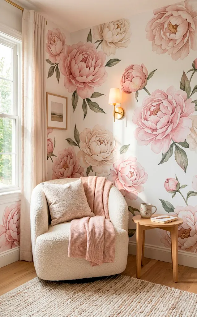 Vertical view of a cozy bedroom corner decorated with large pink watercolor peony removable wall decals.