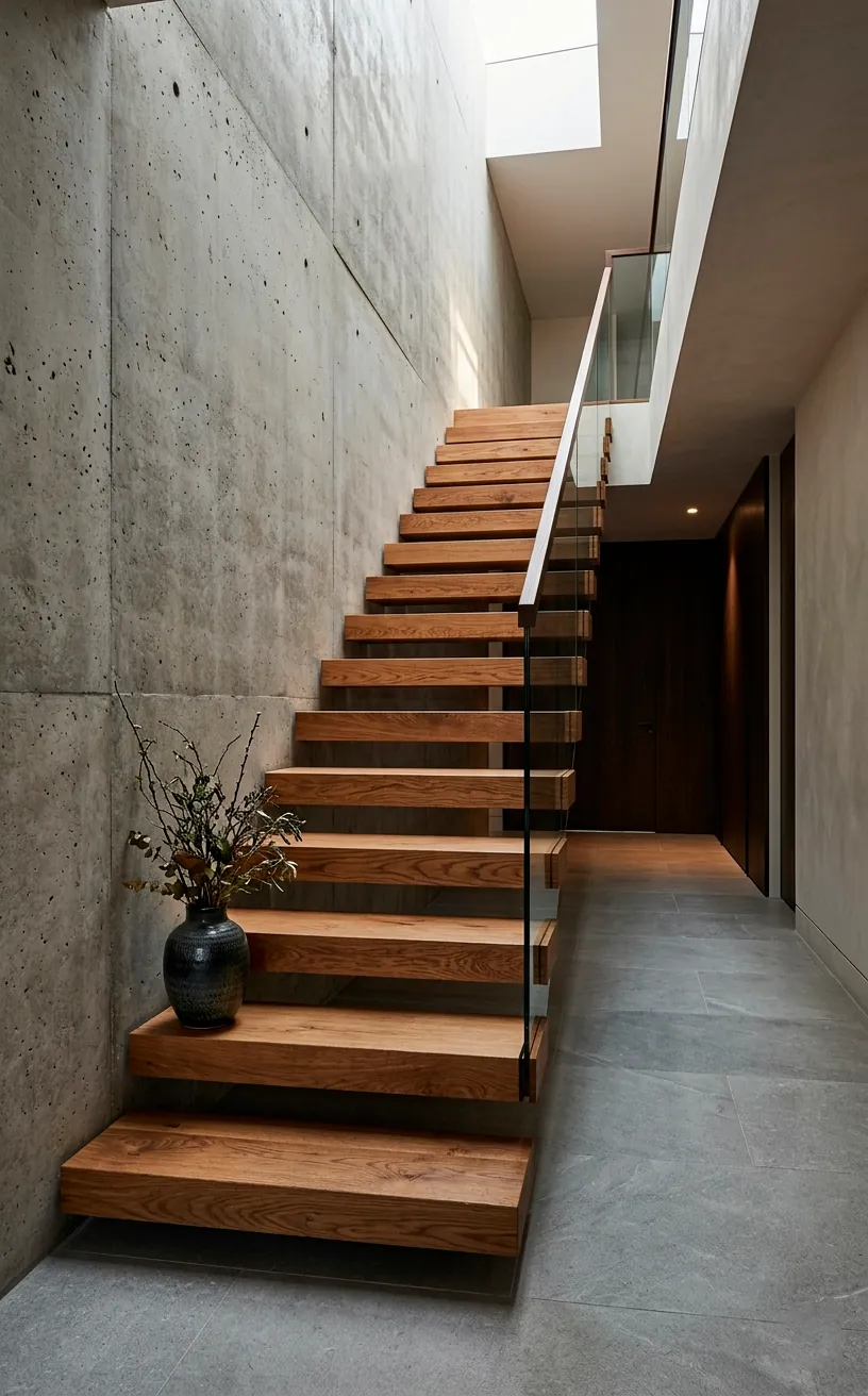 Luxury cantilevered wooden floating stairs sprouting from a modern concrete wall with soft lighting.