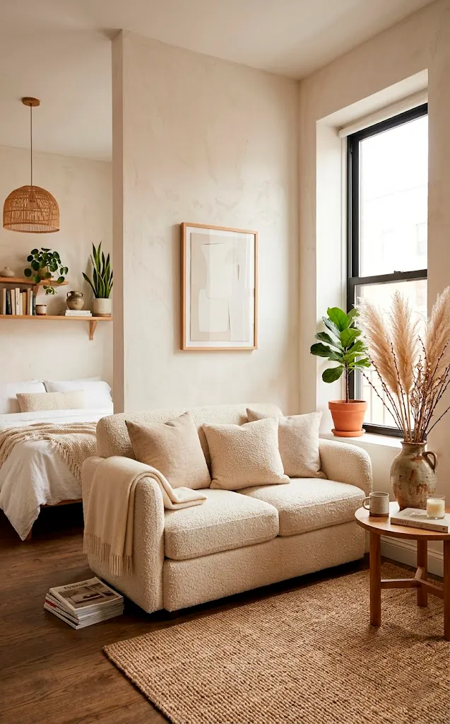Sunny studio apartment featuring a chunky cream boucle loveseat and pampas grass