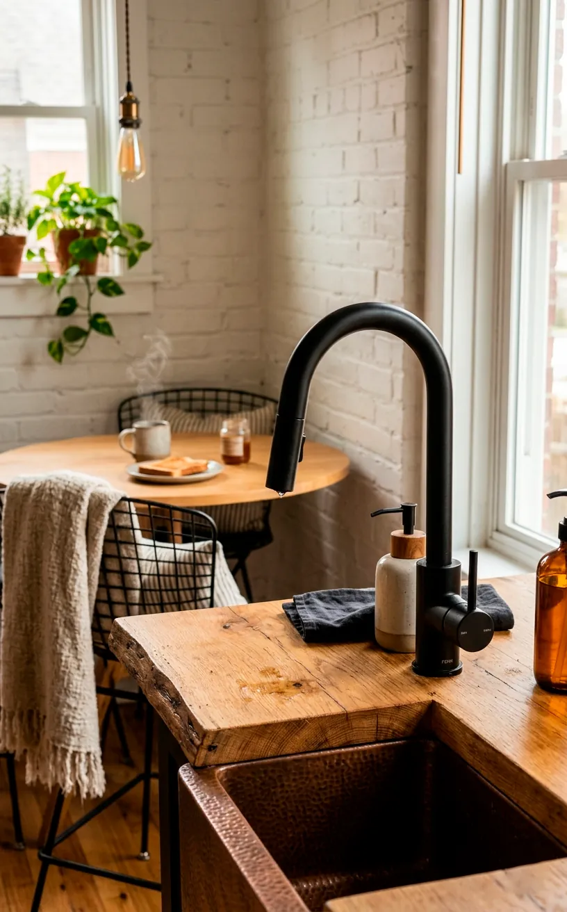 Matte black kitchen faucet on a light oak wooden countertop with blurred breakfast nook.