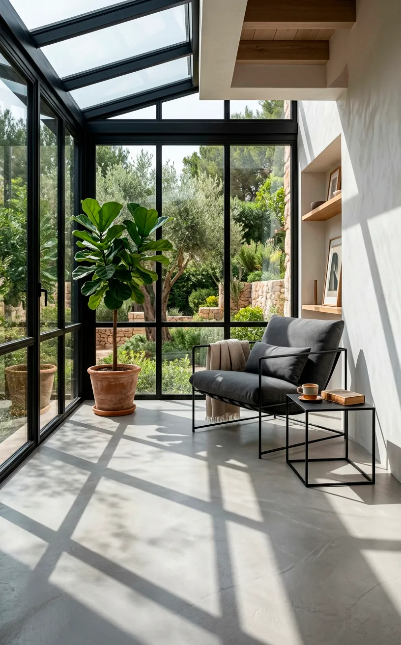 Seamless ash gray micro-cement floor in a sunroom with dramatic sunlight shadows.