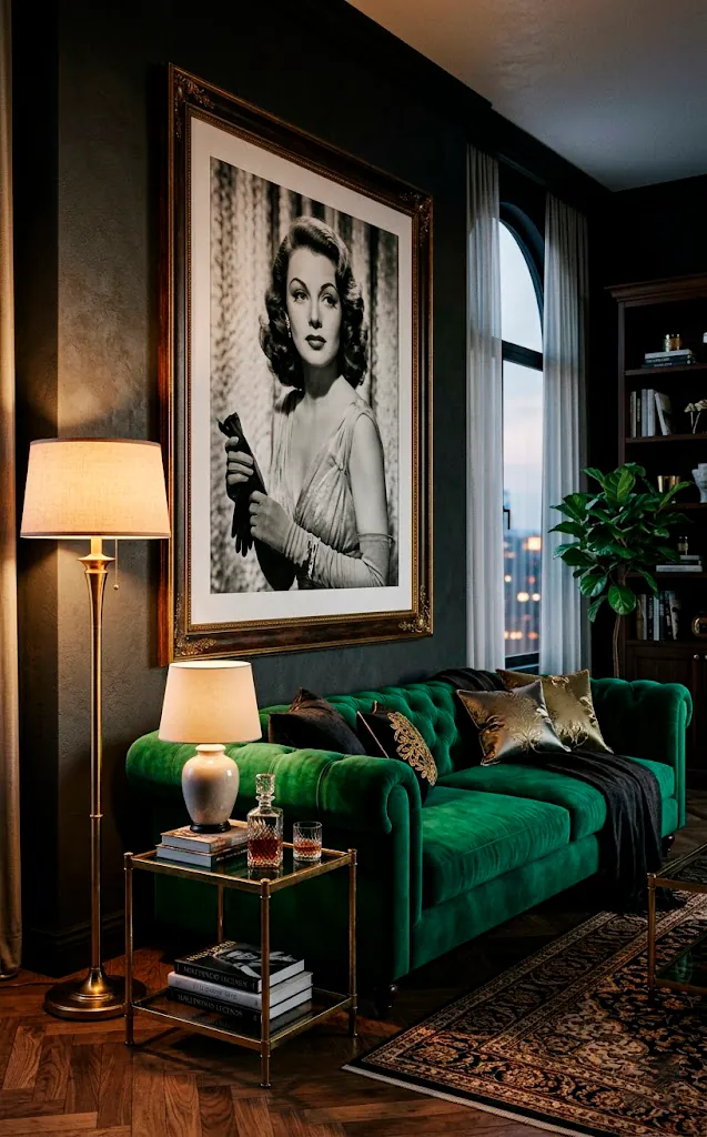Large black and white vintage Hollywood portrait hanging above a green velvet sofa.