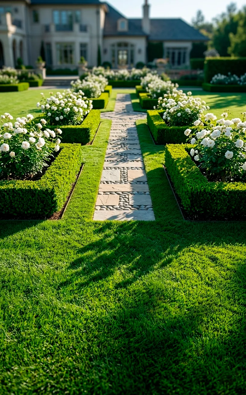 An immaculate manicured lawn with boxwood hedges and white roses under morning sunlight.