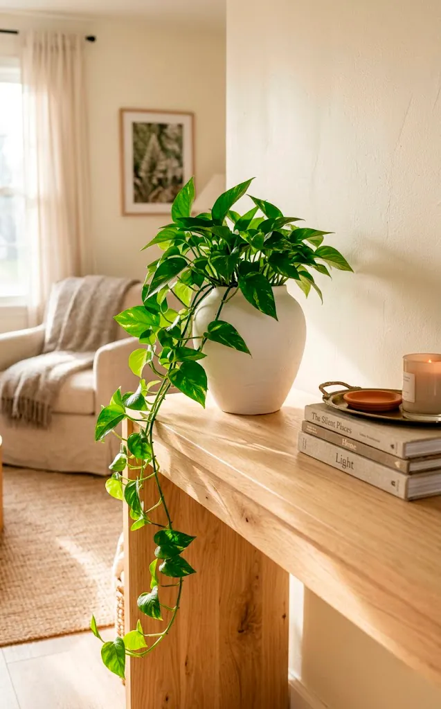 Sun-drenched light oak console table holding a modern white ceramic vase with trailing green pothos in a bright room.