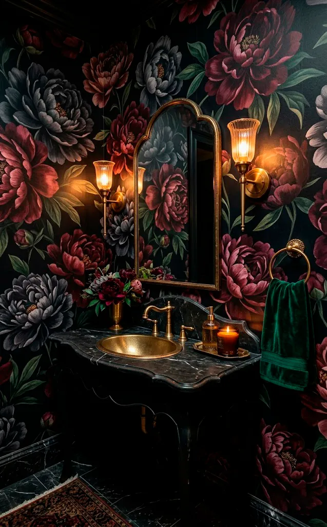 Dramatic powder room with large midnight peony wallpaper and brass sconces