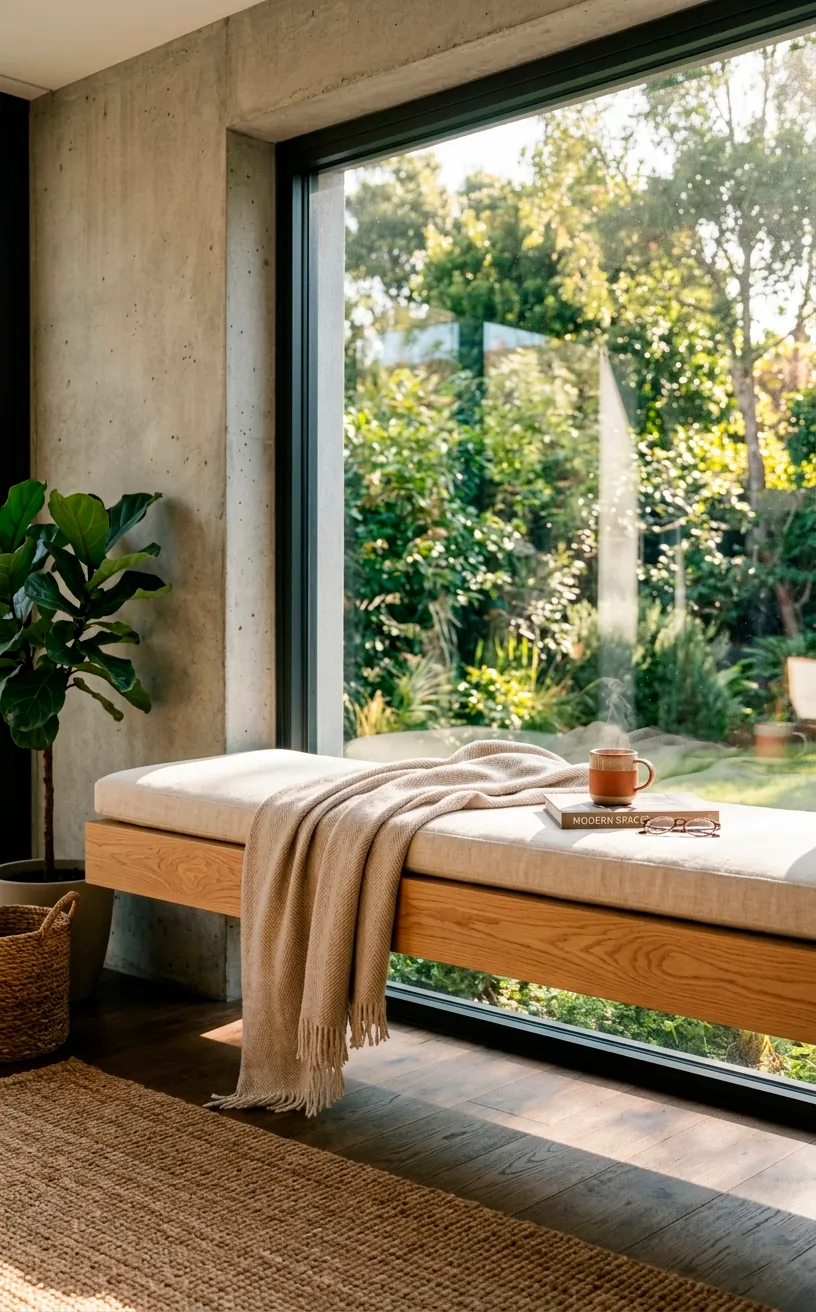 Minimalist floating oak window seat with a cream linen cushion and a soft throw blanket bathed in sunlight.