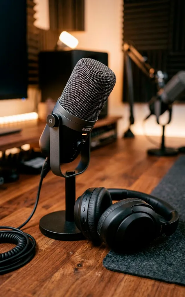 A sleek wireless desk microphone and premium noise-canceling headphones on a desk.