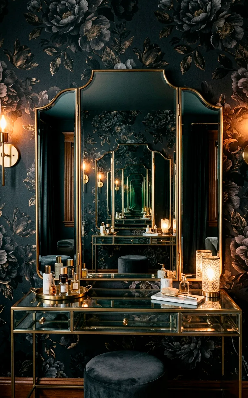 Mirrored vanity reflecting dark charcoal wallpaper with metallic gold accents.
