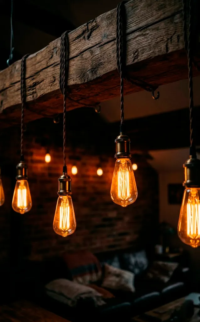 Warm amber Edison bulb string lights hanging in a cozy apartment