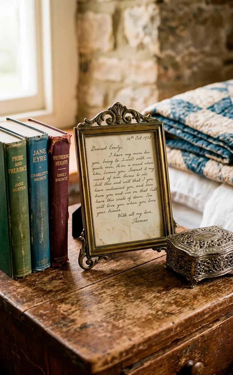 Antique brass picture frame and vintage books on a rustic nightstand.