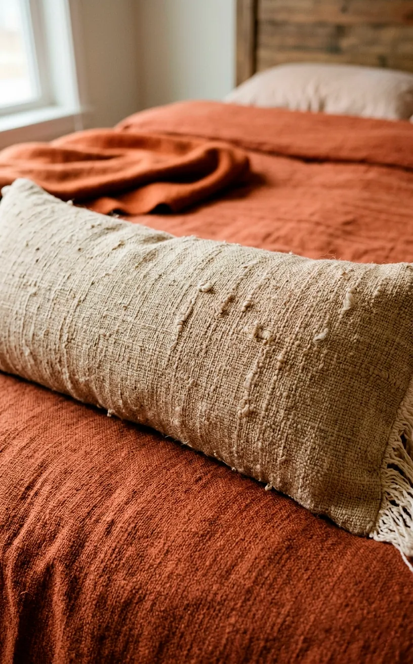 Raw silk lumbar pillow resting on a matte terracotta bedspread highlighting subtle sheen and textures.