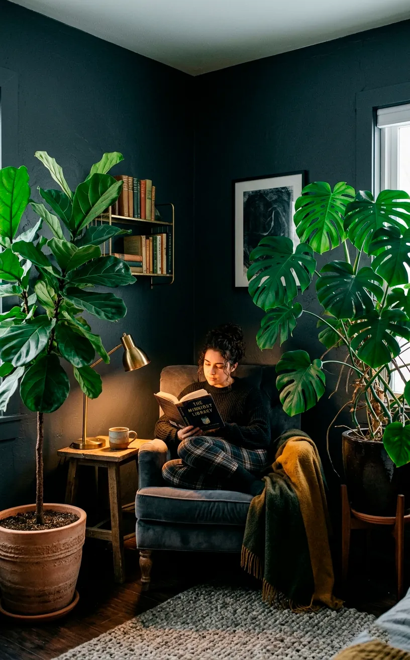 Dark slate grey walls and chair contrasted by lush green Monstera and Fiddle Leaf Fig plants