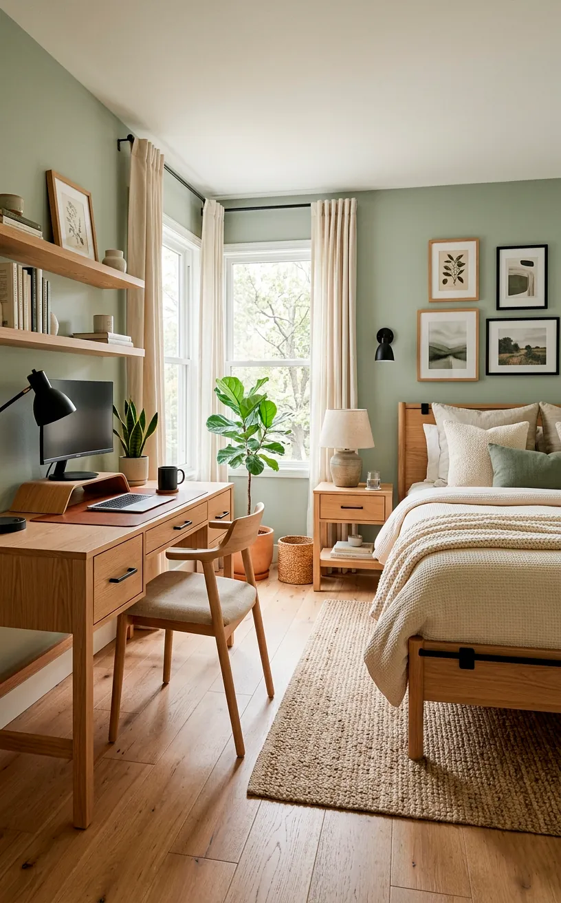 Serene dual-purpose room with sage green walls and cohesive matte black hardware