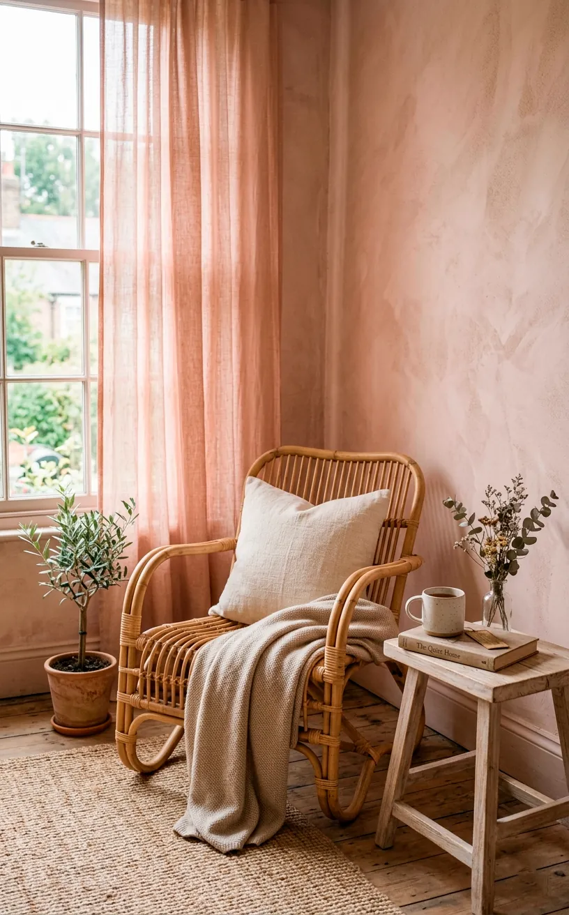 Faded clay lime wash walls behind a natural rattan lounge chair.