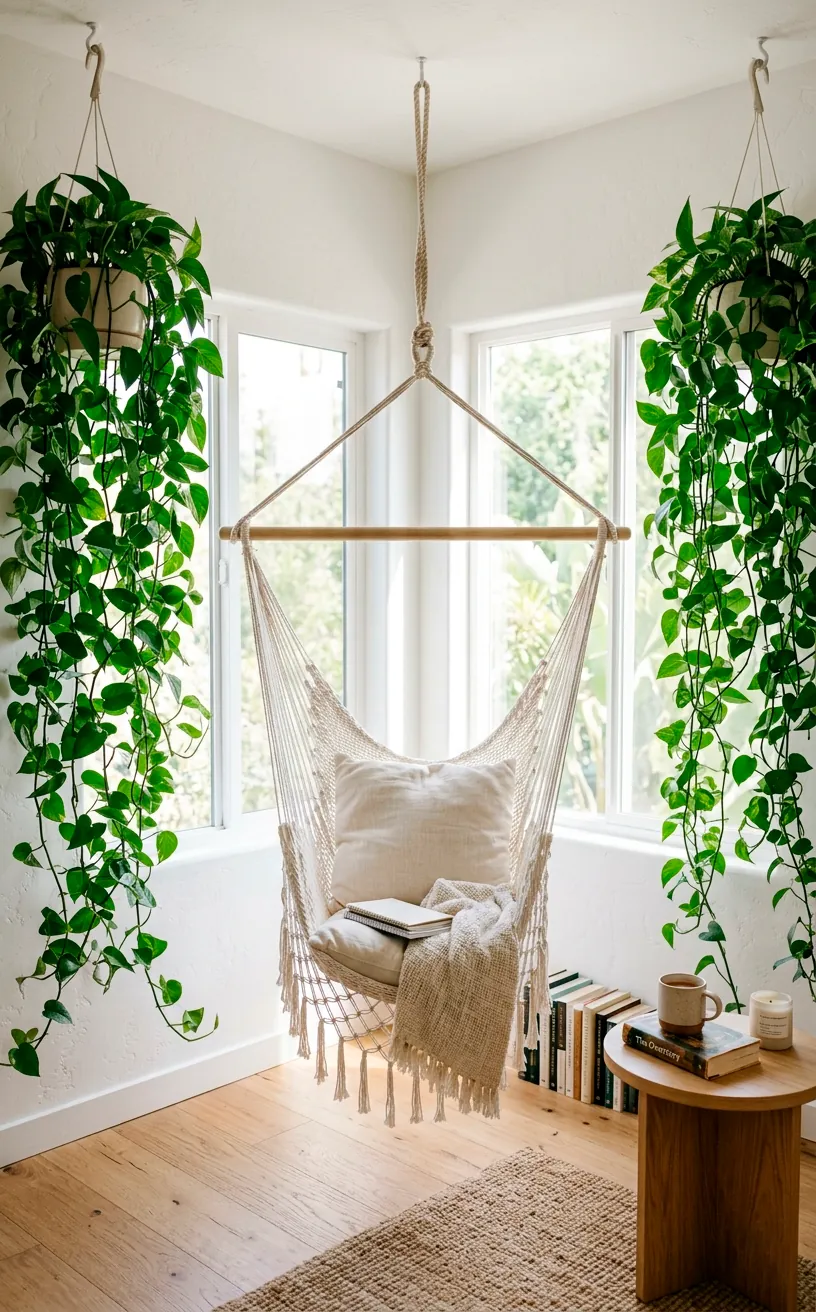 White macrame hammock chair suspended from the ceiling surrounded by trailing green hanging plants.