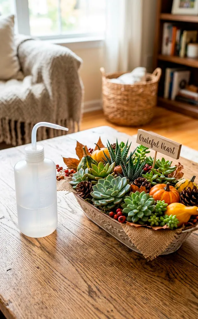 A specialized succulent squeeze watering bottle resting next to a completed Thanksgiving centerpiece.