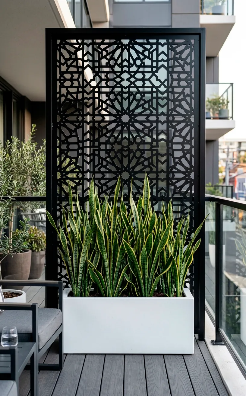Tall laser-cut black metal privacy screen and white fiberglass planter on a modern balcony