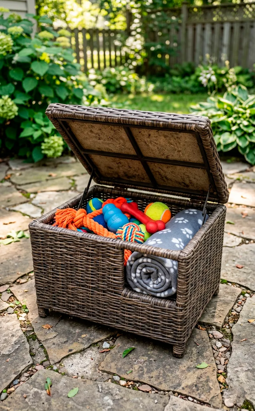 A wicker outdoor ottoman with its lid lifted to show stored toys and a blanket inside.