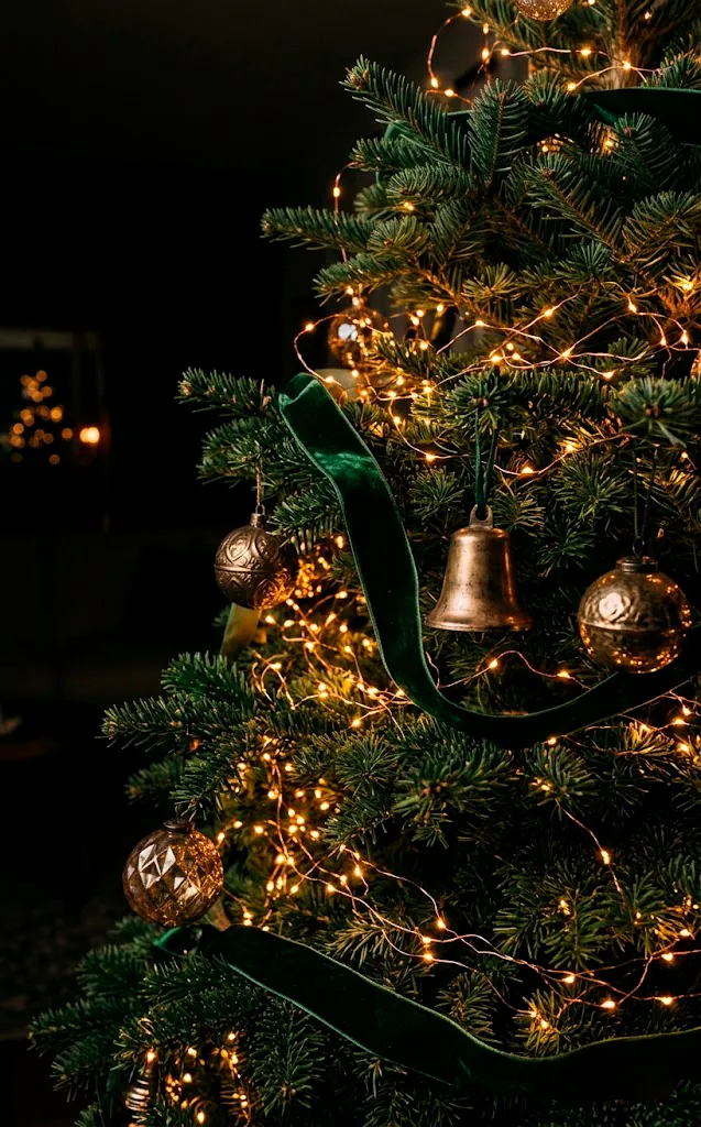 Warm amber fairy lights strung deeply inside a dark Christmas tree
