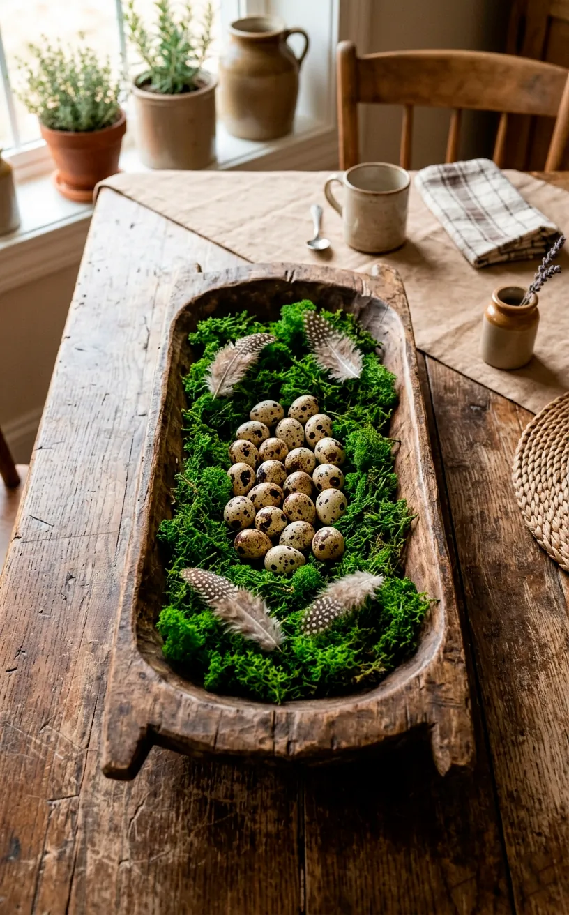 Carved wooden dough bowl filled with moss and speckled quail eggs.