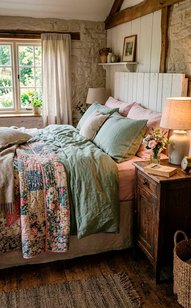 Cozy cottage bedroom layered with a washed sage green linen duvet cover and incredibly soft pink sheets.