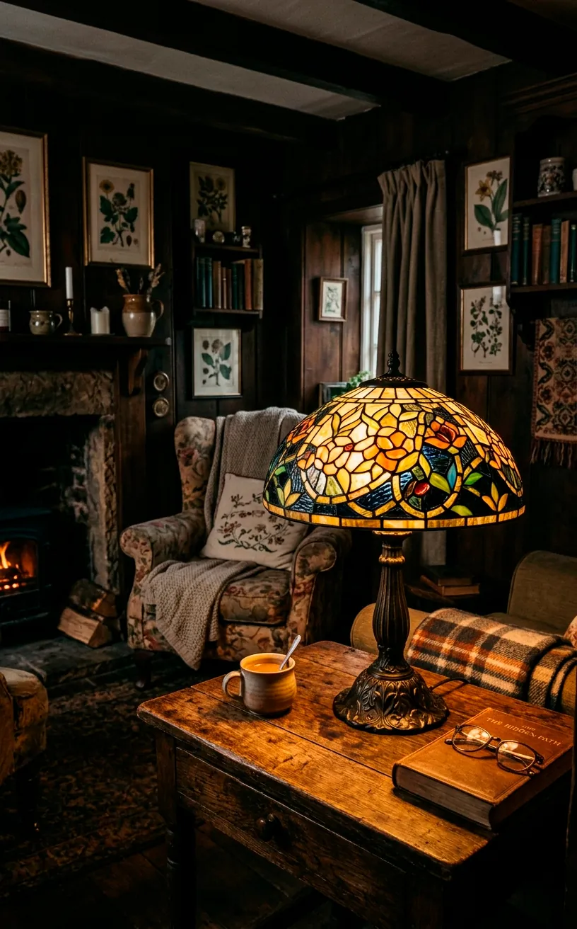 Glowing vintage stained glass table lamp casting warm amber light on an antique side table
