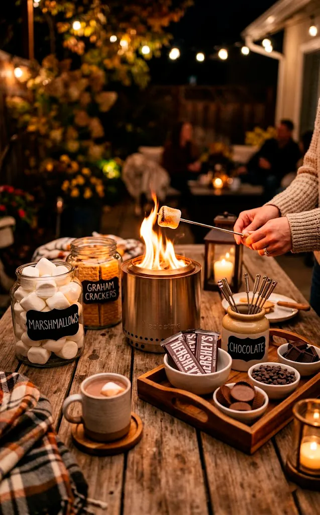 DIY s'mores station with tabletop fire pit and glass jars of ingredients