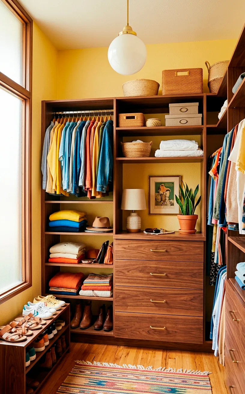 Butter yellow closet with warm walnut mid-century modern shelving