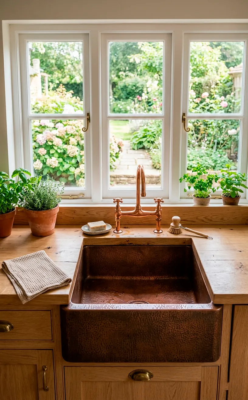 Apron-front copper farmhouse sink in an oak kitchen counter.