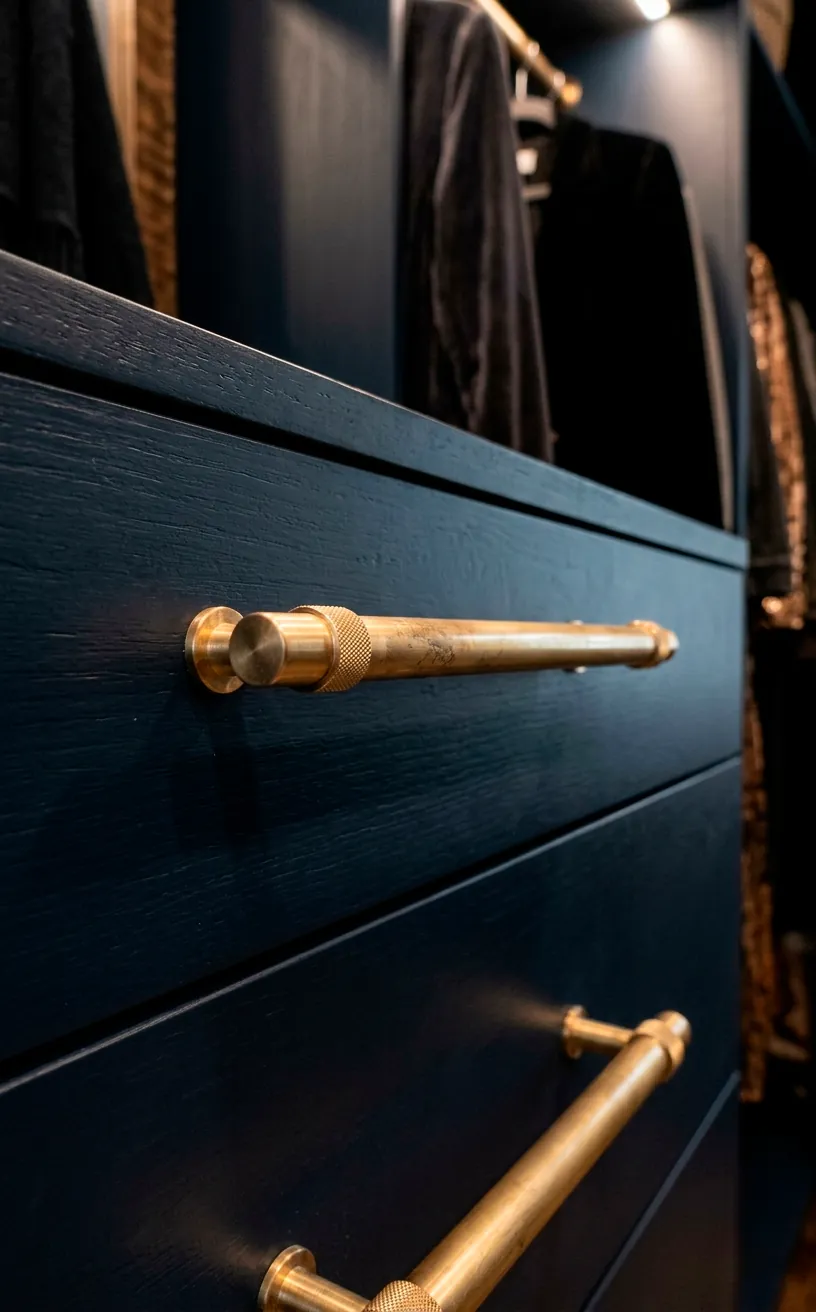 Brushed brass hardware standing out on dark navy blue closet drawers.